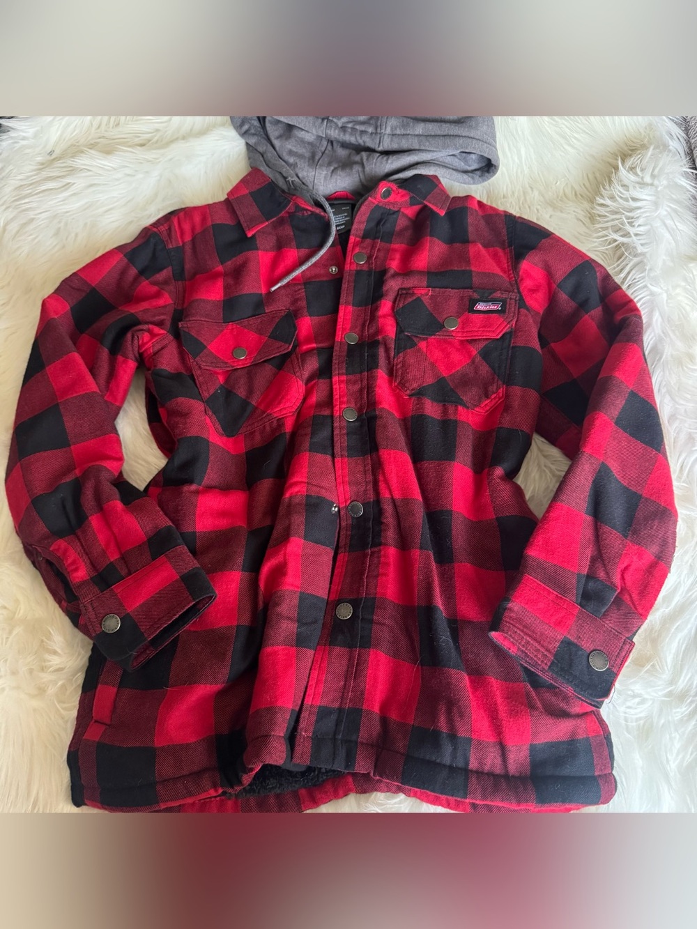 Dickies Red and Black Plaid Hooded Flannel Jacket